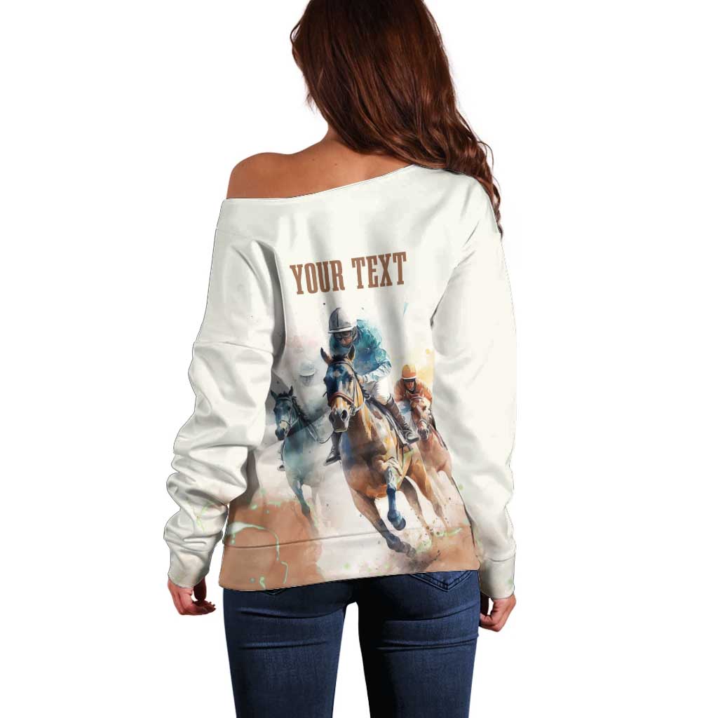 Women’s off-shoulder sweater back view, horse-racing graphic with “YOUR TEXT”
