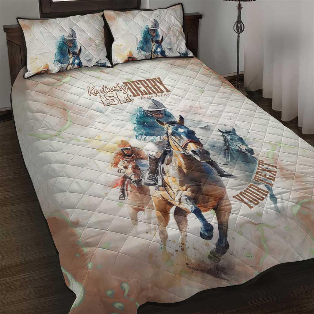 Personalized Kentucky horse racing quilt bed set with beige quilt and two patterned pillows