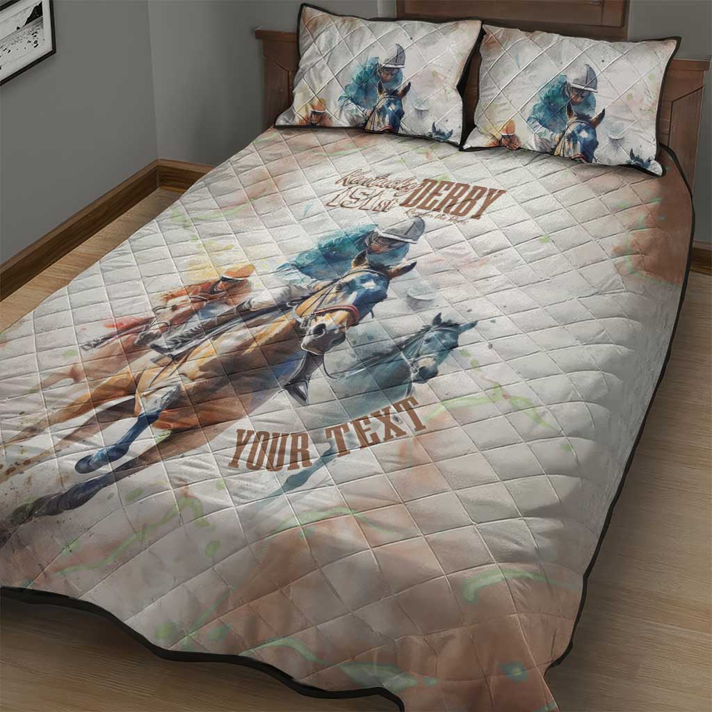 Personalized Kentucky horse racing quilt bed set on bed, beige quilt with horses and 'YOUR TEXT'