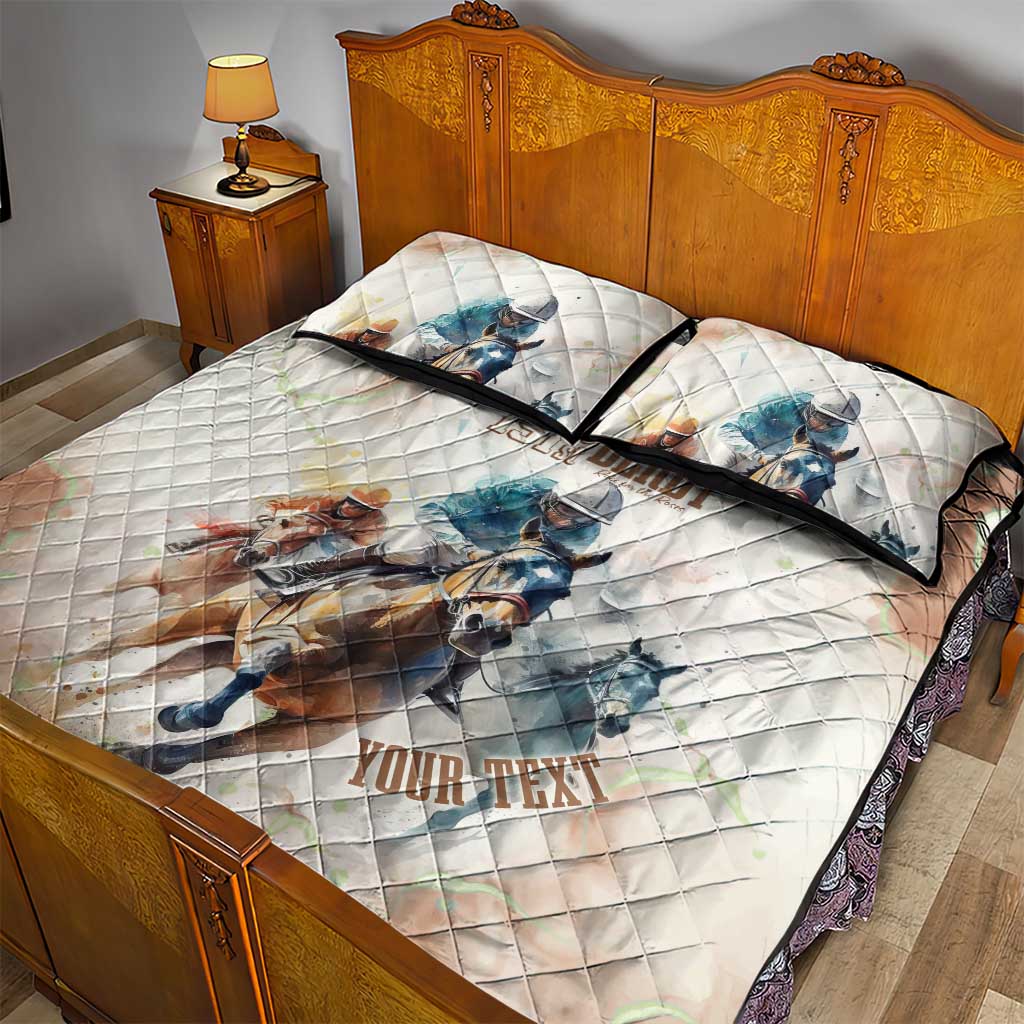 Personalized Kentucky horse racing quilt bed set, beige quilt with horses, two pillows, black edging