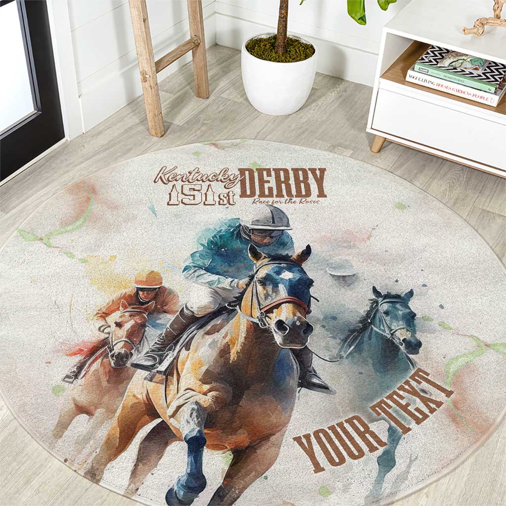 Beige round horse racing carpet with Kentucky Derby 151st print and jockeys on horses