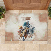Beige rubber doormat with Kentucky Derby 151st horse riders graphic and custom text
