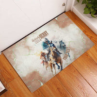 Beige rubber doormat with blue and tan horse riders, Kentucky Derby 151st lettering