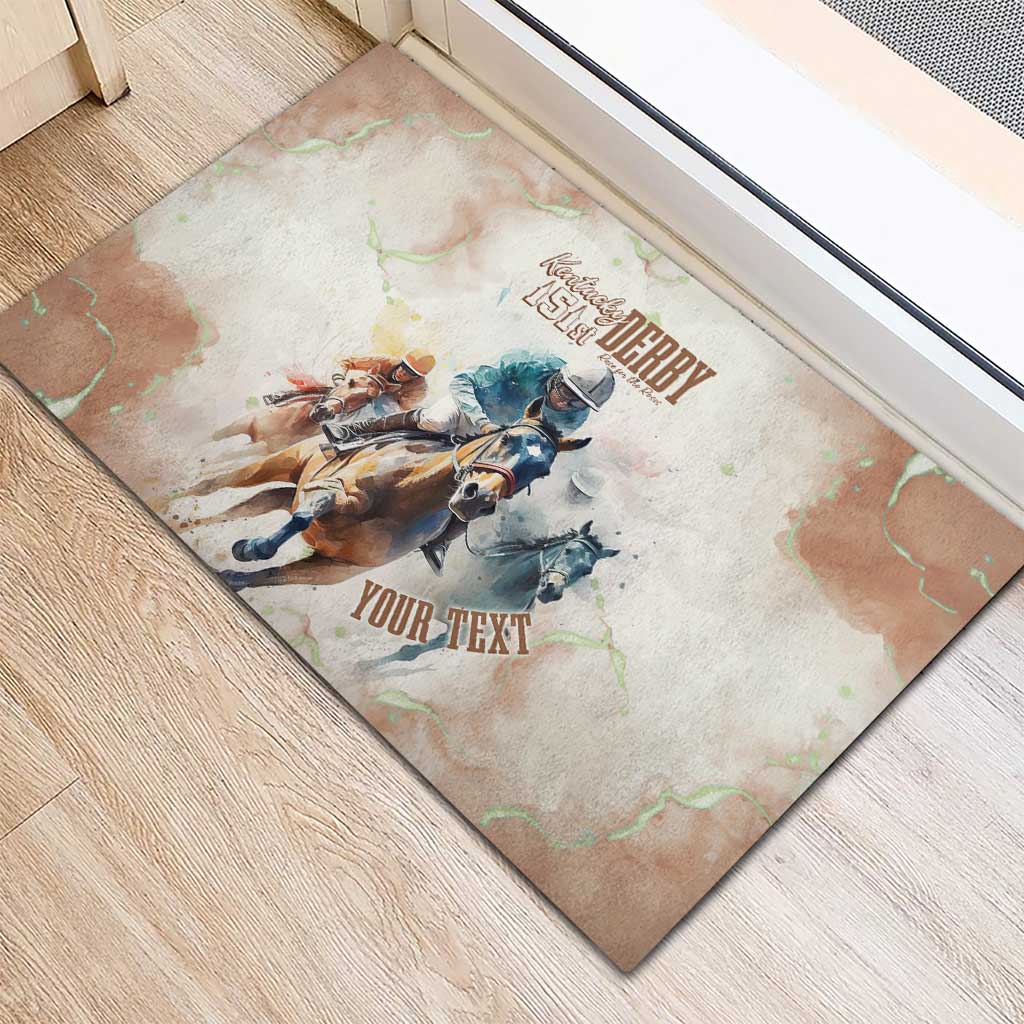 Beige rubber doormat angled view with Kentucky Derby 151st horse-racing artwork