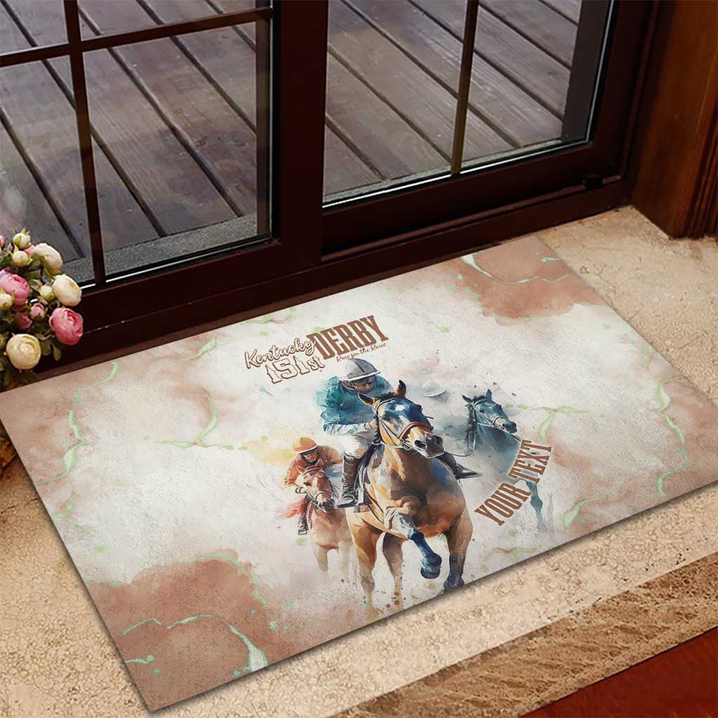 Beige rubber doormat under door frame with Kentucky Derby 151st horse riders graphic