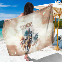 Beige personalized sarong with Kentucky Derby 151st horse racing print, draped
