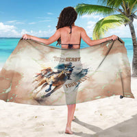 Beige personalized sarong with Kentucky Derby 151st horse rider graphic on back, draped