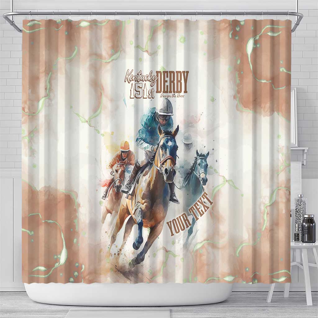 Beige shower curtain with horse and jockey art plus bold 'YOUR TEXT', top grommets