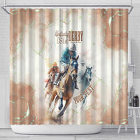 Beige shower curtain with horse and jockey art plus bold 'YOUR TEXT', top grommets