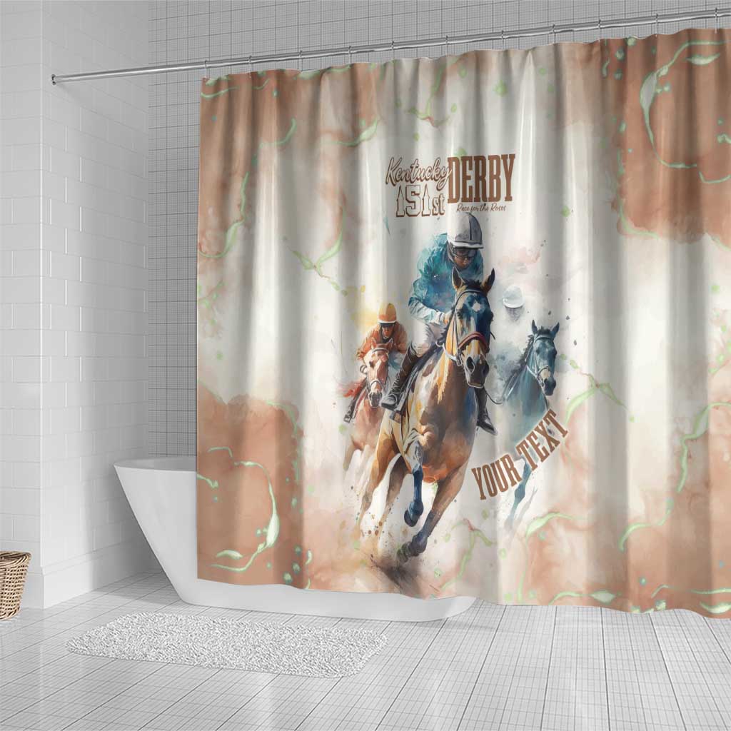 Beige shower curtain with jockeys and horses, '151st DERBY' logo, top grommets
