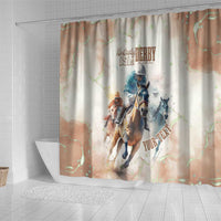 Beige shower curtain with jockeys and horses, '151st DERBY' logo, top grommets