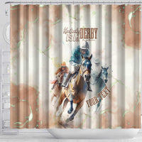 Beige shower curtain with blue horse and jockey, diagonal 'YOUR TEXT', top grommets