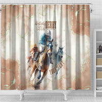 Beige shower curtain with horse racing poster design, centered '151st DERBY', grommets