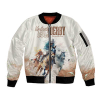 Beige unisex zip-up bomber jacket with horse-racing graphic and ribbed cuffs