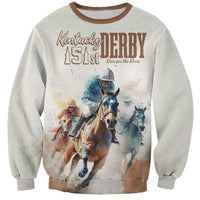 Beige crewneck sweatshirt with Kentucky 151st Derby print, horses illustration and brown trim