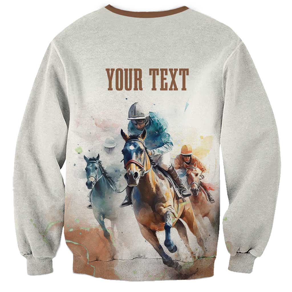 Beige crewneck sweatshirt back with YOUR TEXT and horse race print, brown trim