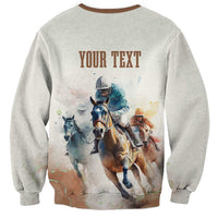 Beige crewneck sweatshirt back with YOUR TEXT and horse race print, brown trim