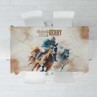 Beige horse-racing tablecloth with colorful riders, horses, and event lettering