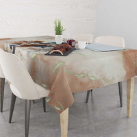 Beige horse-racing tablecloth with colorful watercolor-style graphics on table top