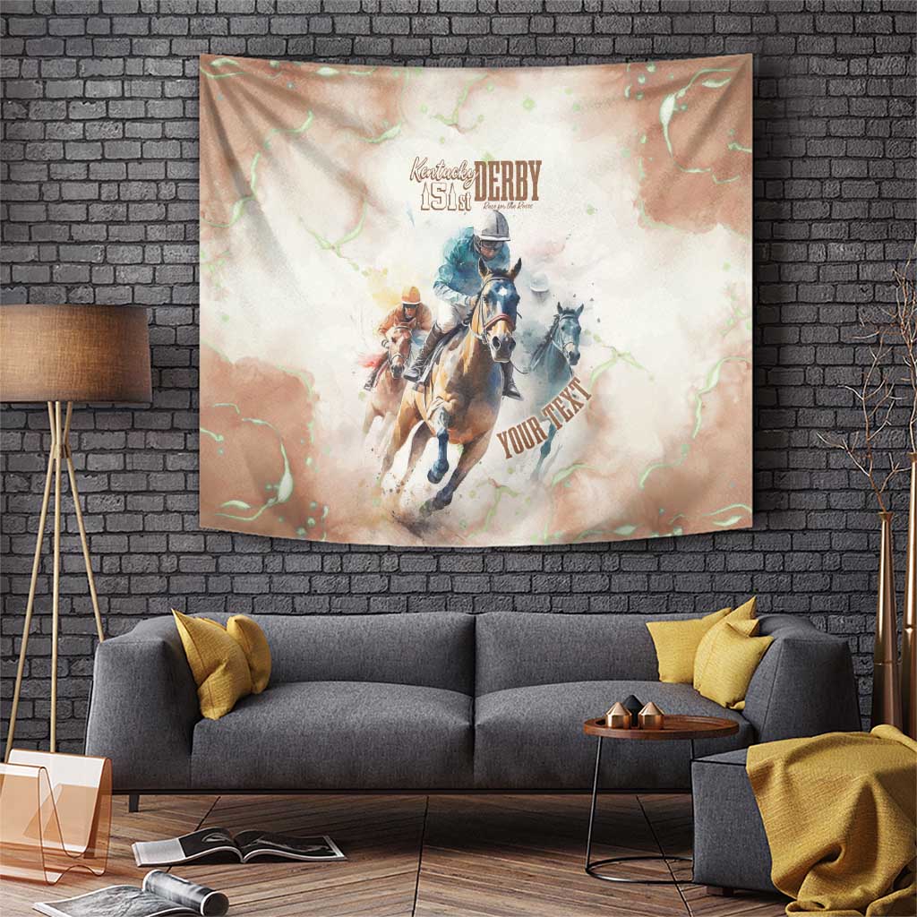 Beige horse racing tapestry with riders and horses, 151st Derby logo, and space for text