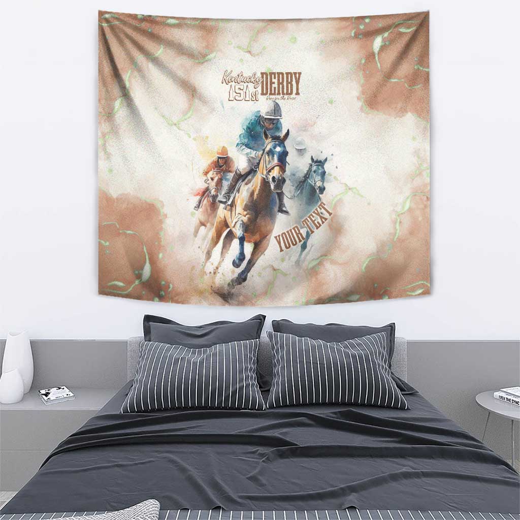 Beige horse racing tapestry showing three riders on horseback with Derby emblem and 'YOUR TEXT'