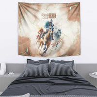 Beige horse racing tapestry showing three riders on horseback with Derby emblem and 'YOUR TEXT'