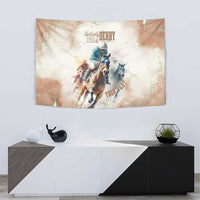 Beige horse racing tapestry with mounted riders and horses, Derby 151st title at top