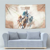 Beige horse racing tapestry with riders and horses, Derby 151st logo, and diagonal text