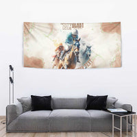 Beige horse racing tapestry with riders and horses, Derby 151st title, and diagonal 'YOUR TEXT'