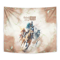 Beige horse racing tapestry featuring a central rider and horse with Derby 151st logo