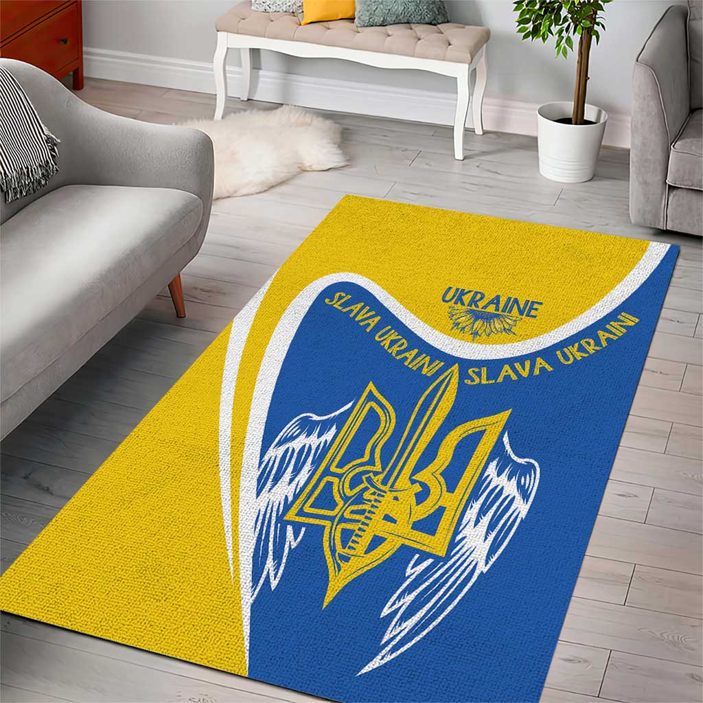 Yellow and blue area rug with trident emblem and “UKRAINE” lettering, angled view