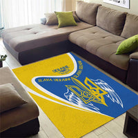 Yellow and blue trident emblem area rug with winged design and “SLAVA UKRAINI” text