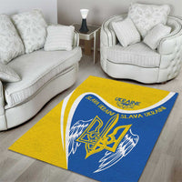 Yellow and blue Ukraine area rug with trident emblem and “SLAVA UKRAINI” lettering