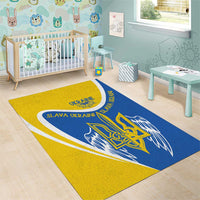 Yellow and blue area rug in a kids room with trident emblem and “SLAVA UKRAINI” text