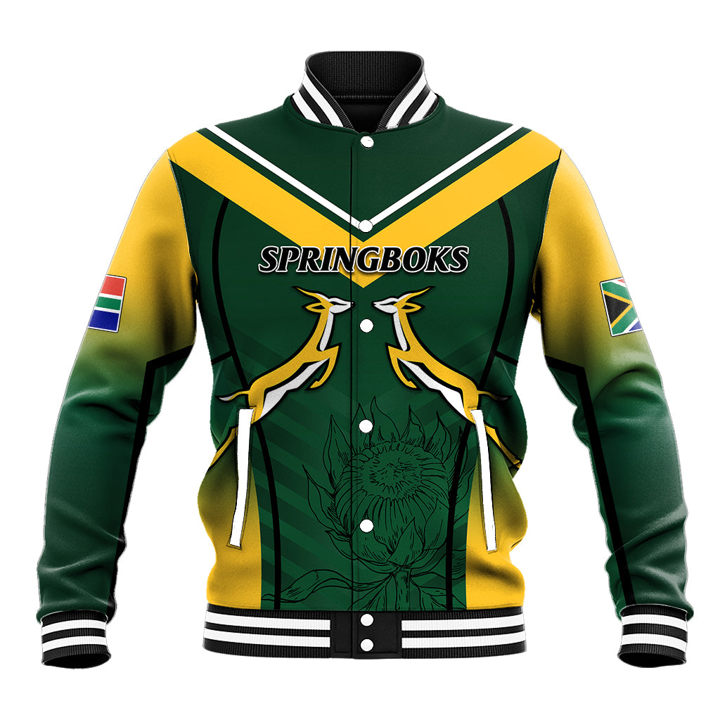 Green and yellow varsity baseball jacket with striped ribbed collar and front SPRINGBOKS graphic