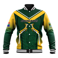 Green and yellow varsity baseball jacket with striped ribbed collar and front SPRINGBOKS graphic