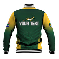 Green and yellow varsity baseball jacket with striped ribbed collar, back 'YOUR TEXT' print