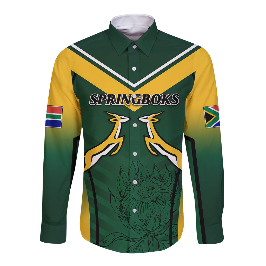 Green long-sleeve button rugby shirt with Springboks front graphic, yellow side panels