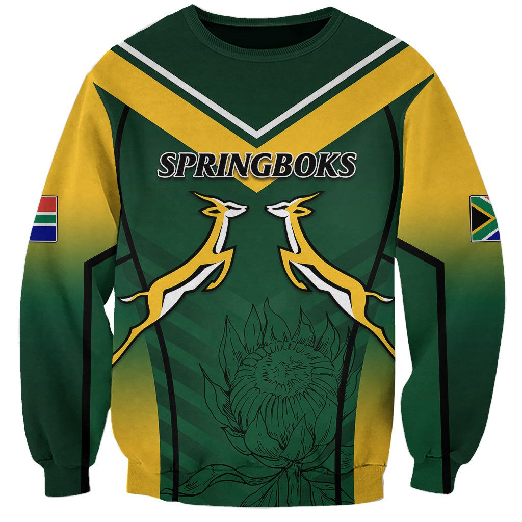 Green and yellow rugby sweatshirt with V-striped yoke, front SPRINGBOKS text and crest