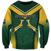 Green and yellow rugby sweatshirt with V-striped yoke, front SPRINGBOKS text and crest