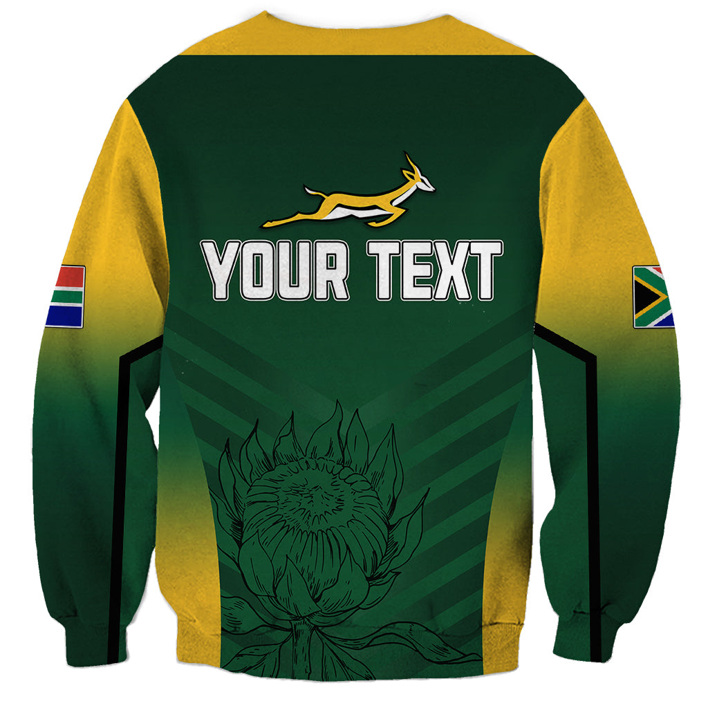 Green and yellow rugby sweatshirt with V-striped yoke, back YOUR TEXT graphic and crest
