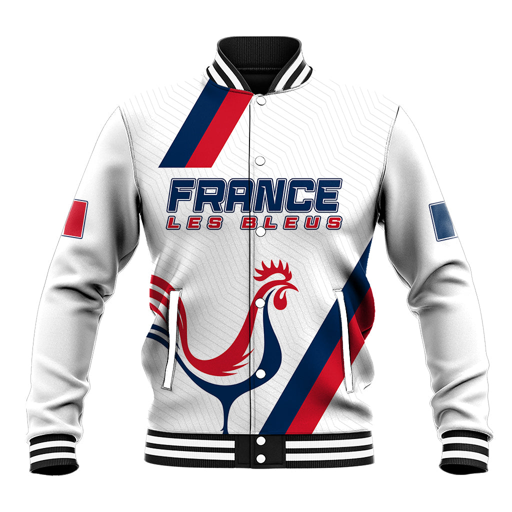White France baseball varsity jacket with rooster graphic, striped collar, ribbed hem