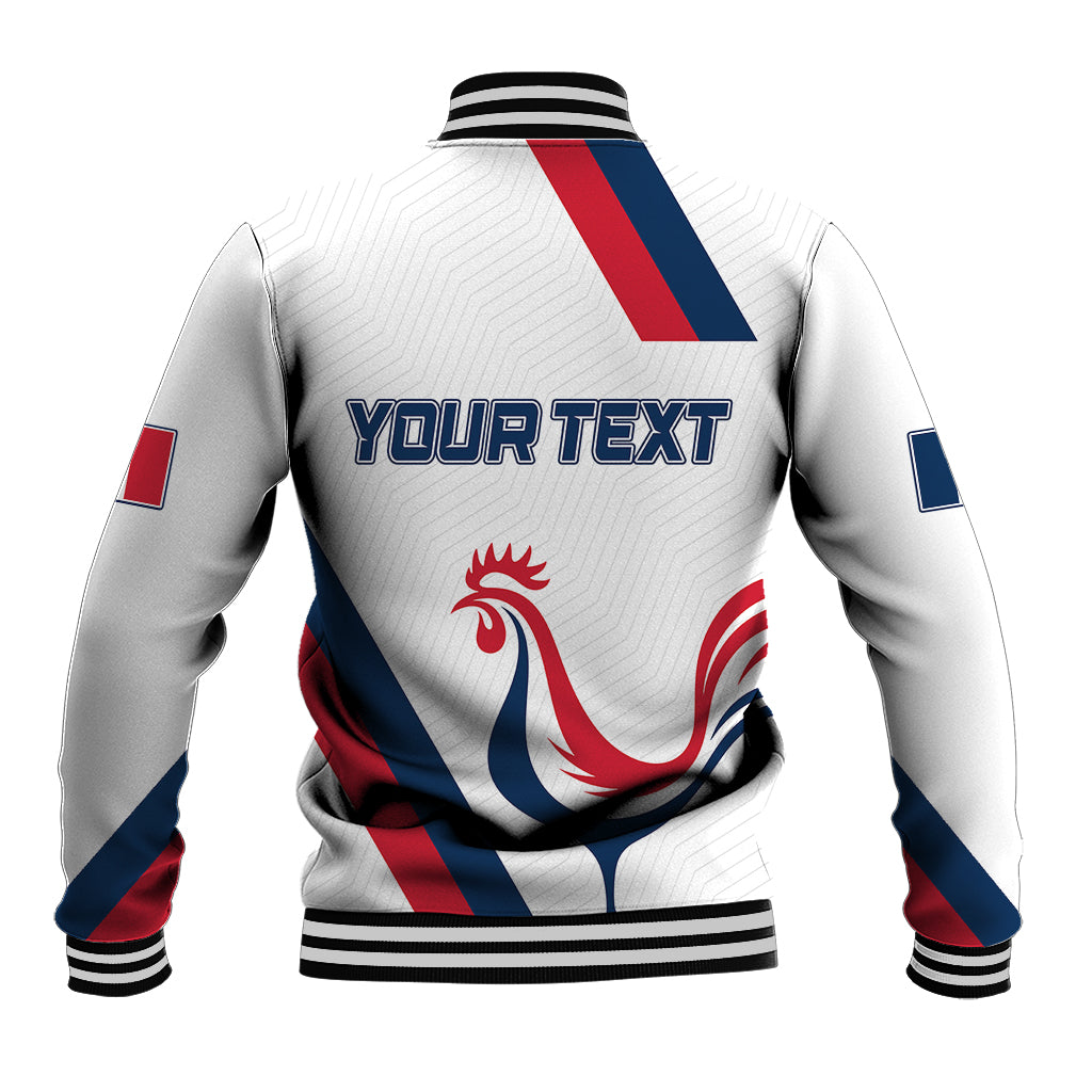 White baseball varsity jacket back with rooster emblem, red-blue stripes, ribbed collar
