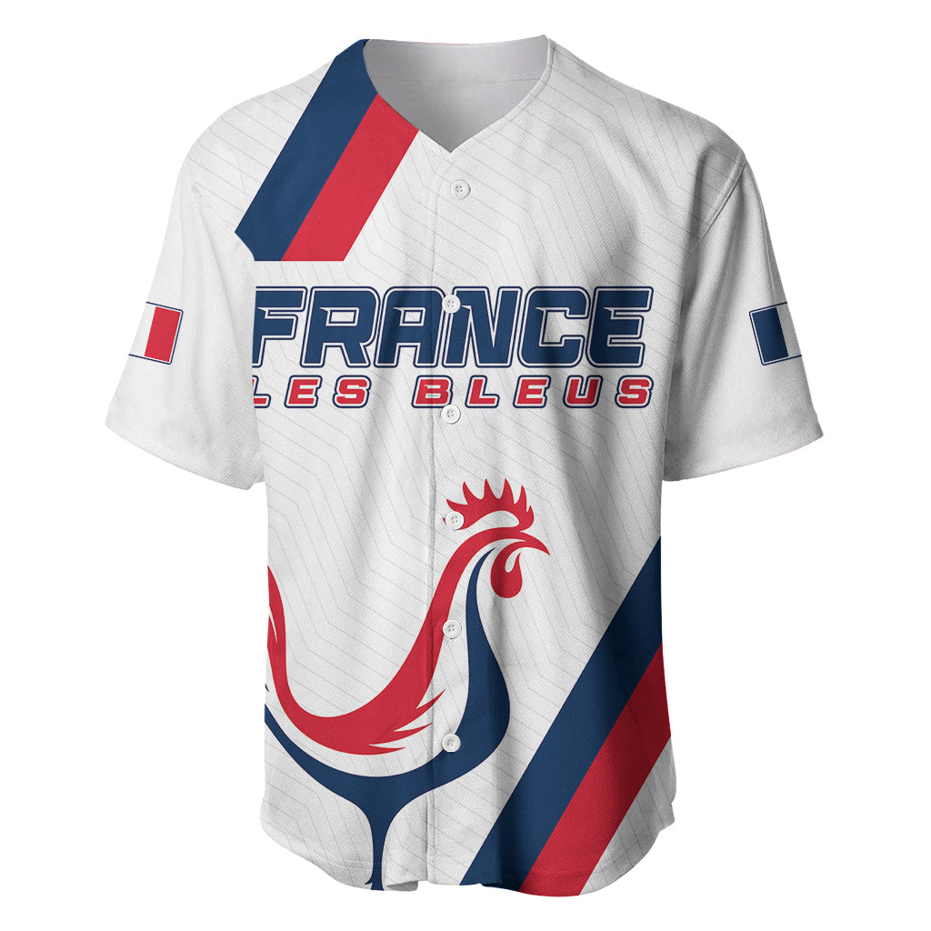 White baseball rugby jersey with blue-red diagonal accents and rooster crest, France Les Bleus