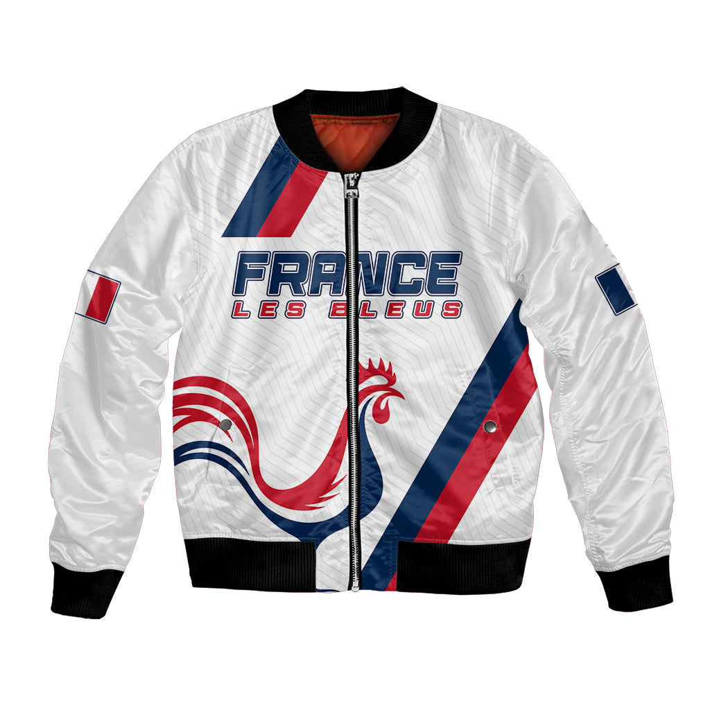 White unisex bomber jacket with zip front, ribbed collar and cuffs, France graphics