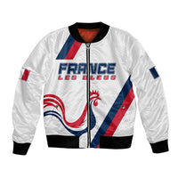 White unisex bomber jacket with zip front, ribbed collar and cuffs, France graphics