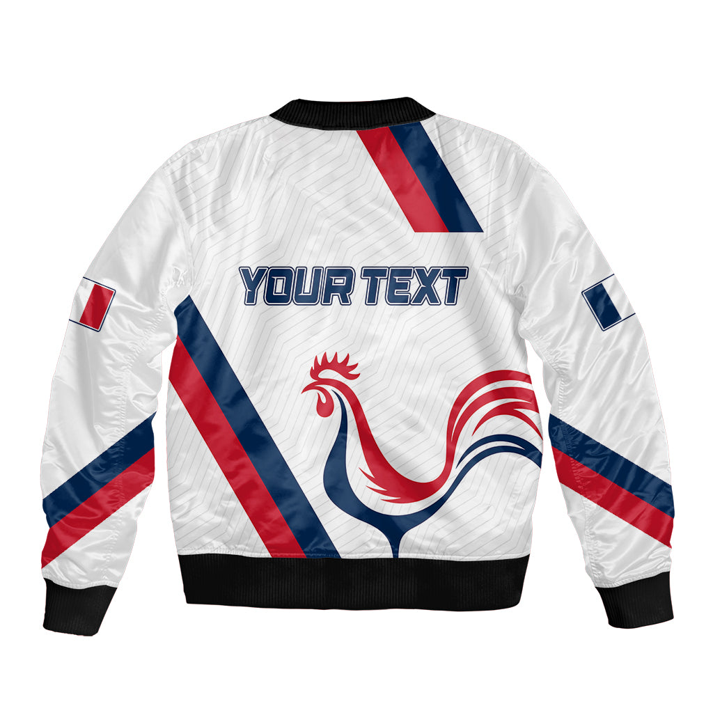 White bomber jacket with ribbed hem, zip front, rooster and tricolor diagonal back print