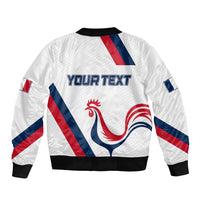 White bomber jacket with ribbed hem, zip front, rooster and tricolor diagonal back print