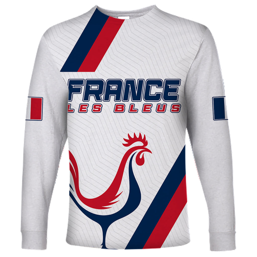 White long-sleeve rugby shirt with France logo, rooster graphic, and blue-red stripes