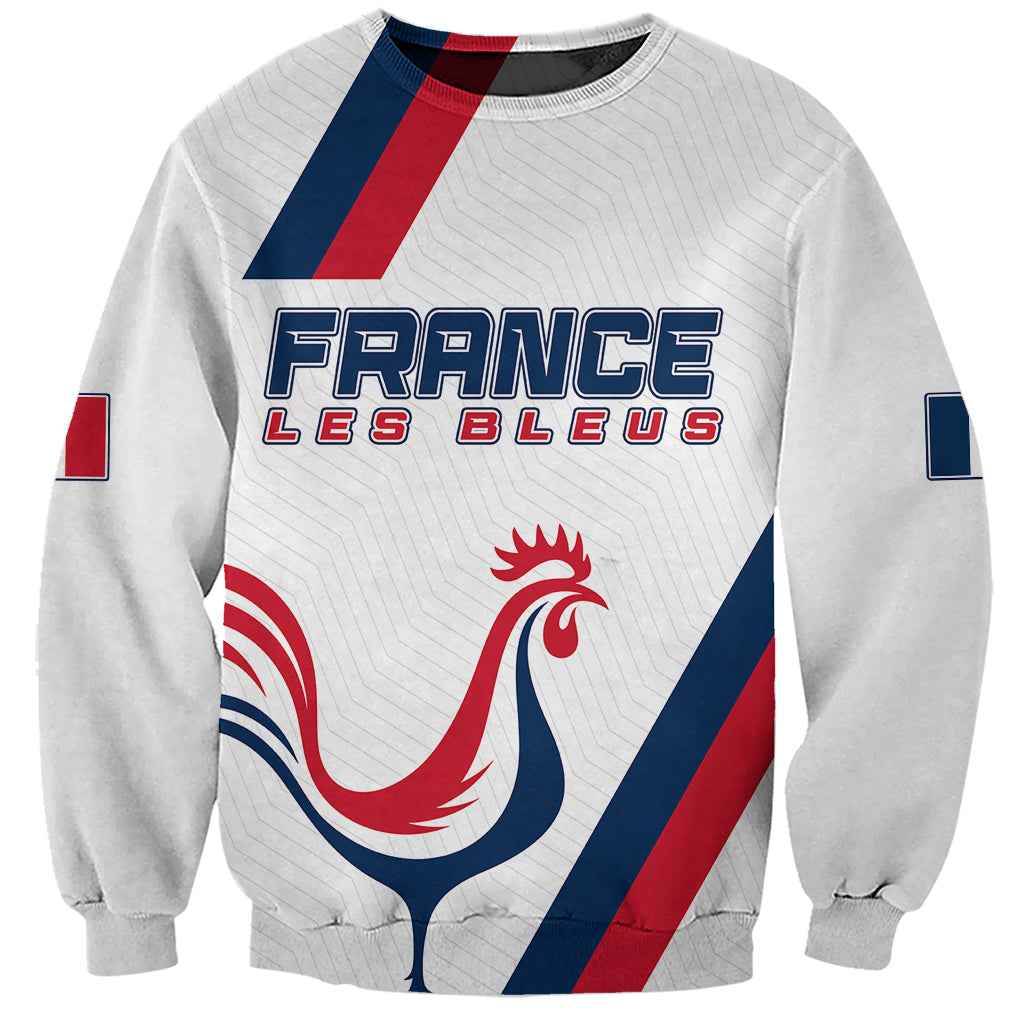 White unisex rugby sweatshirt with FRANCE LES BLEUS logo and red rooster graphic